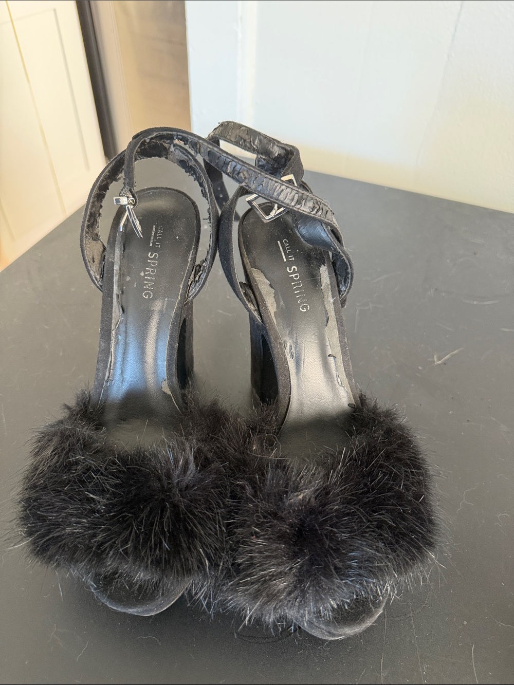 Call It Spring Black Faux Fur Pom-Pom Strap Heels